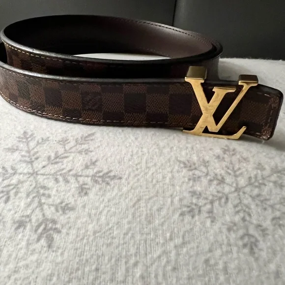 Louis Vuitton Brown Checkered Belt with Gold Logo Buckle - Picture 2 of 3
